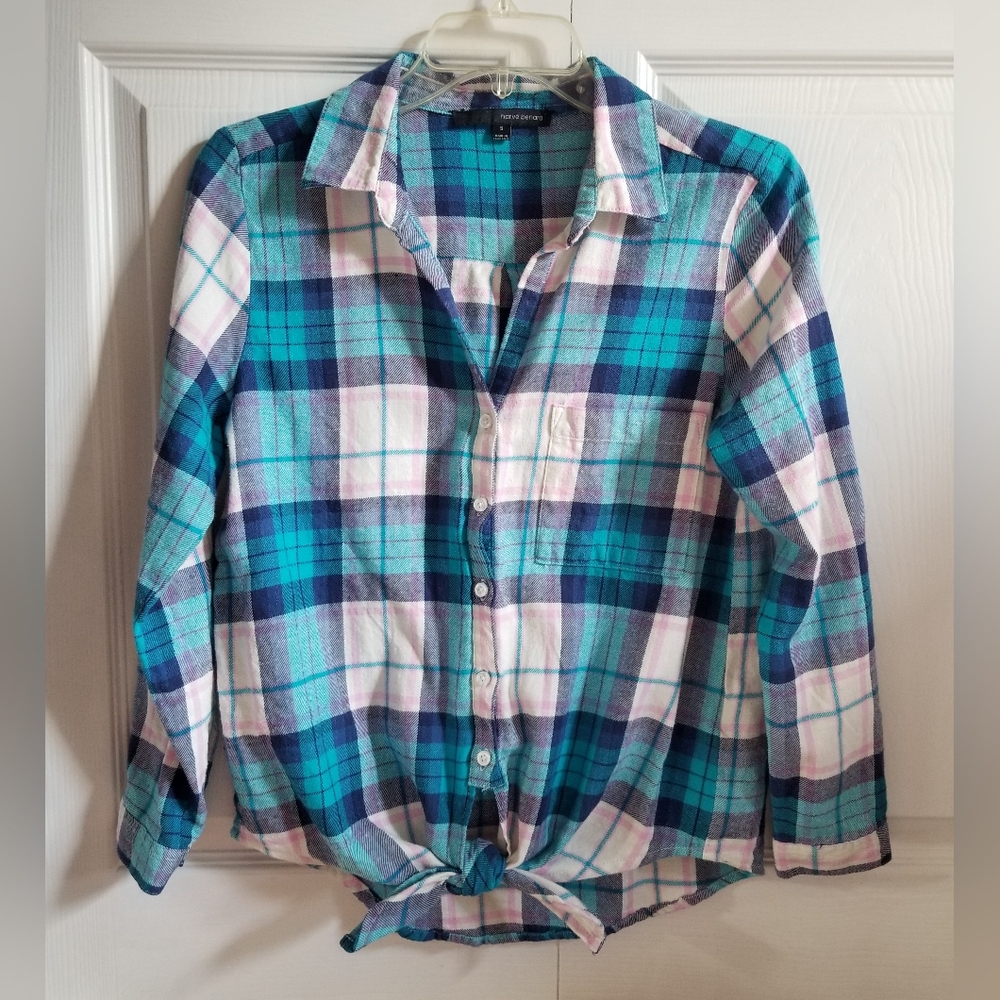 Harve Benard Women's Flannel Shirt S Blue Pink White Plaid Tie-up **CLEARANCE**